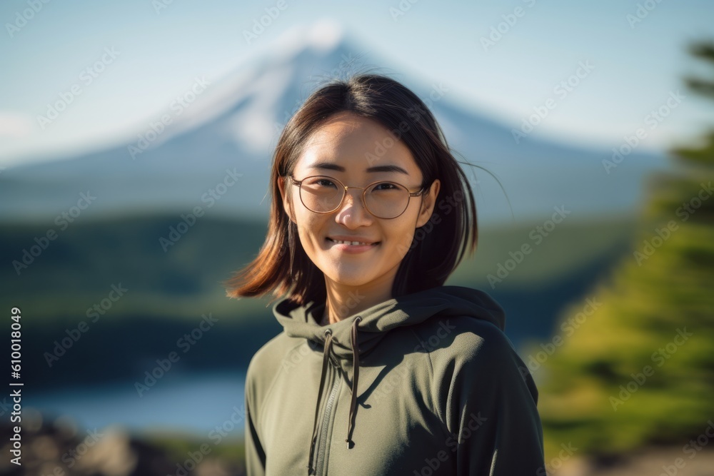 Portrait of smiling asian woman wearing glasses looking at camera with Mt. Fuji in background
