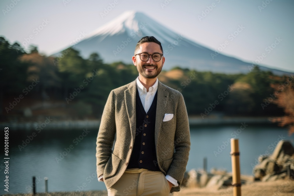 Handsome young man posing in front of a Mt. Fuji
