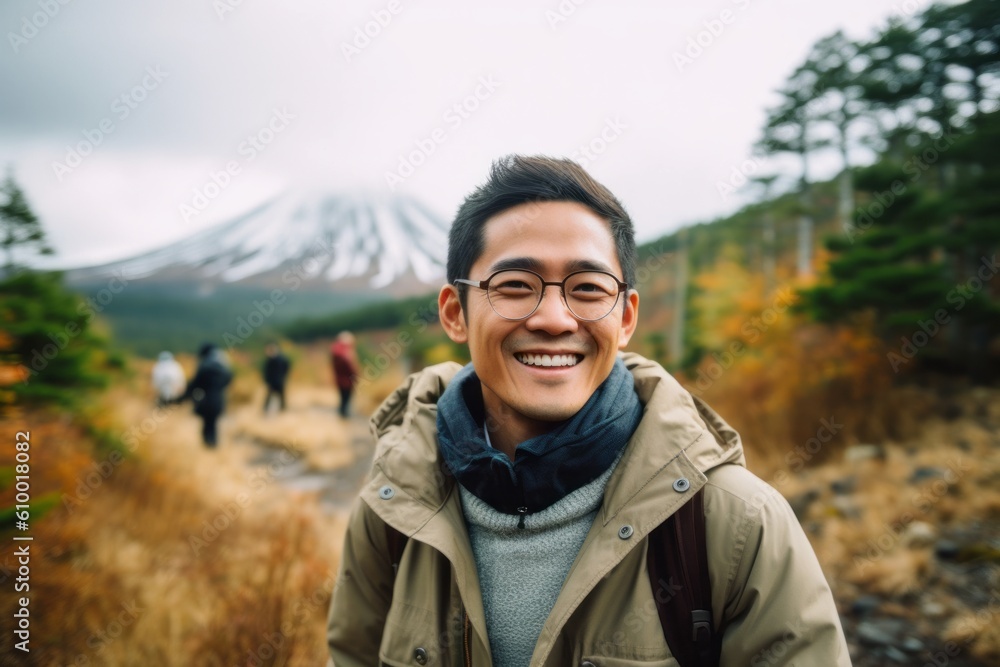 Asian man with mountain background in kawaguchiko, Japan Asian man with mountain background in kawaguchiko, Japan