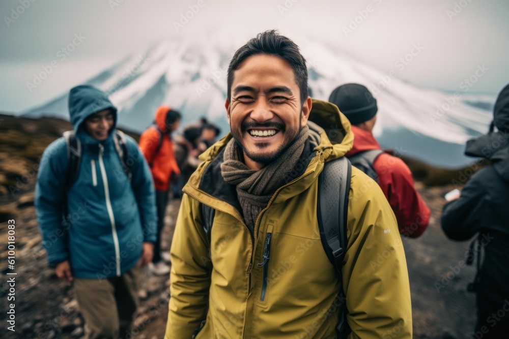 Fototapeta premium Lifestyle portrait photography of a pleased man in his 30s that is smiling with friends at the Mount Fuji in Honshu Island Japan . Generative AI