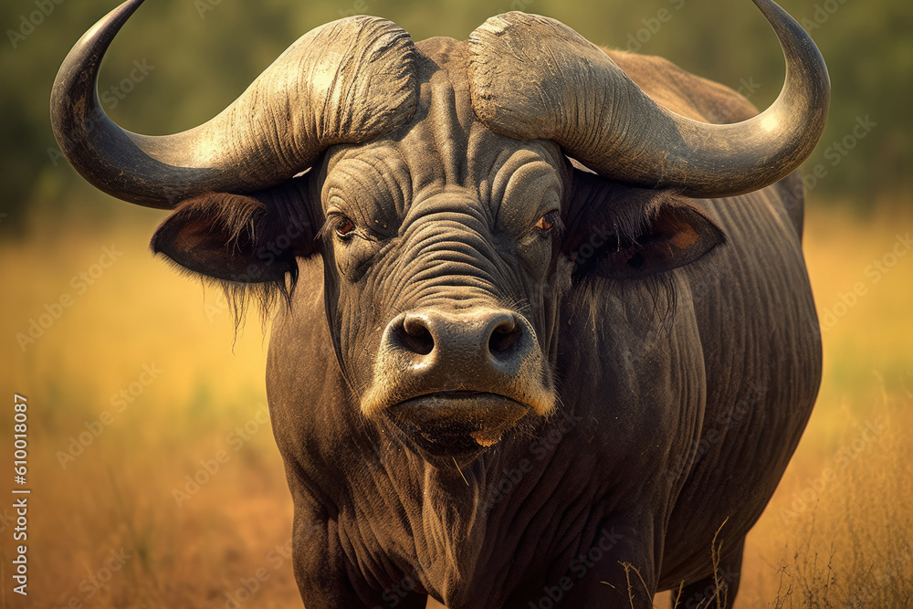 A majestic buffalo in its natural habitat, displaying its powerful build and sturdy horns as it roams freely in the wilderness. Generative Ai, Ai. A majestic buffalo in its natural habitat, displaying its powerful build and sturdy horns as it roams freely in the wilderness. Generative Ai, Ai.