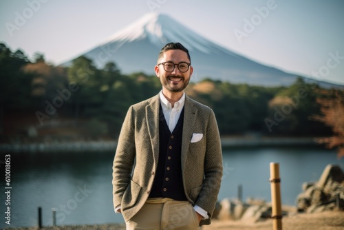 Handsome young man posing in front of a Mt. Fuji