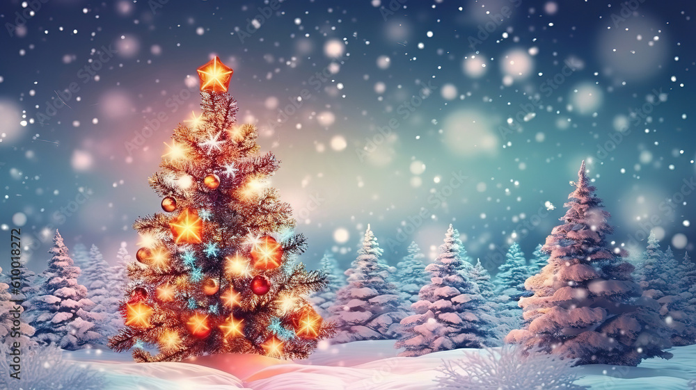 Decorated Christmas tree covered by snow on blurred sparkling fairy background. Generative ai