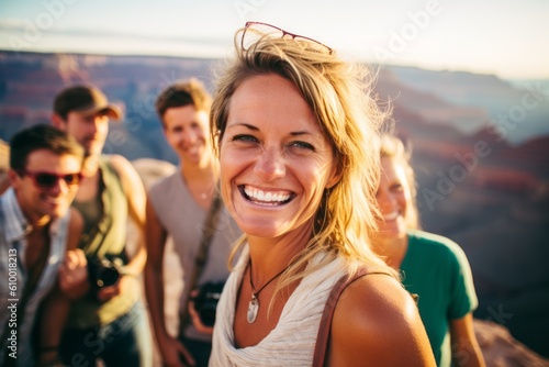 Group portrait photography of a tender woman in her 40s that is smiling with friends at the Grand Canyon in Arizona USA . Generative AI