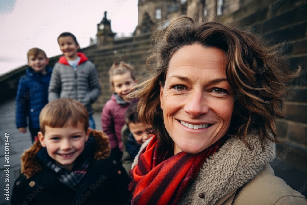 Portrait of smiling mother with her children on the bridge in Edinburgh