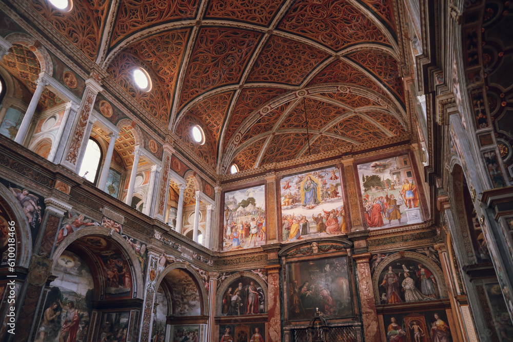 The painted interior with colorful frescoes of San Maurizio al Monastero Maggiore, Milan, Lombardy, Italy