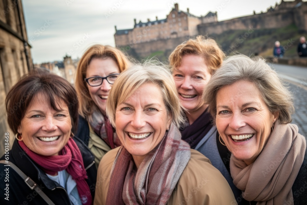 Group portrait photography of a pleased woman in her 40s that is smiling with friends at the Edinburgh Castle Scotland . Generative AI