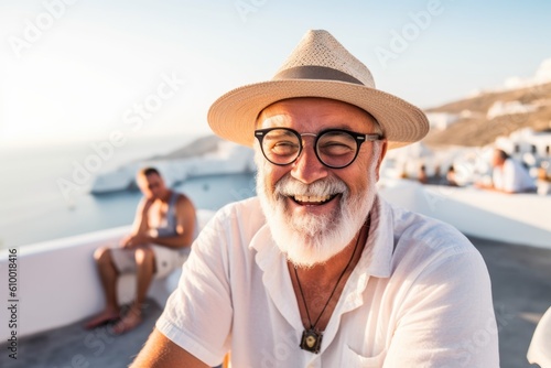 Senior man on vacation in Santorini island, Greece. He is smiling and looking at camera.
