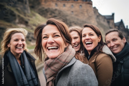 Group portrait photography of a pleased woman in her 40s that is smiling with friends at the Edinburgh Castle Scotland . Generative AI
