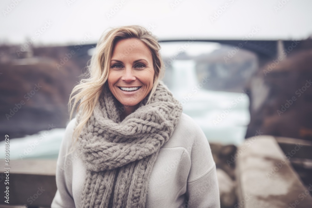 Portrait of smiling woman in winter clothes looking at camera while standing outdoors Portrait of smiling woman in winter clothes looking at camera while standing outdoors