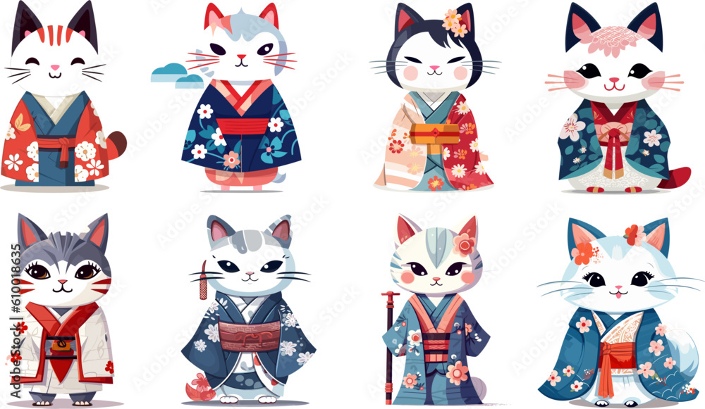cartoon cat character clothes japanese fashion style kimono, cats vector design animal cute drawing set graphic art collection colourful element sticker, illustration isolated white background.