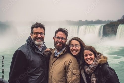 Portrait of a group of friends on the background of the Niagara Falls