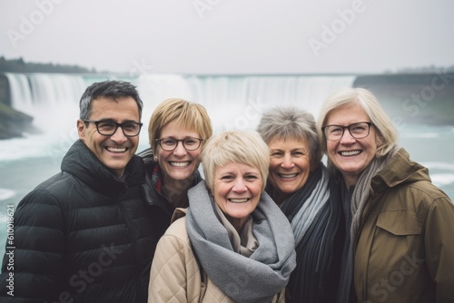 Group of happy senior friends standing in front of the Niagara Falls, Canada