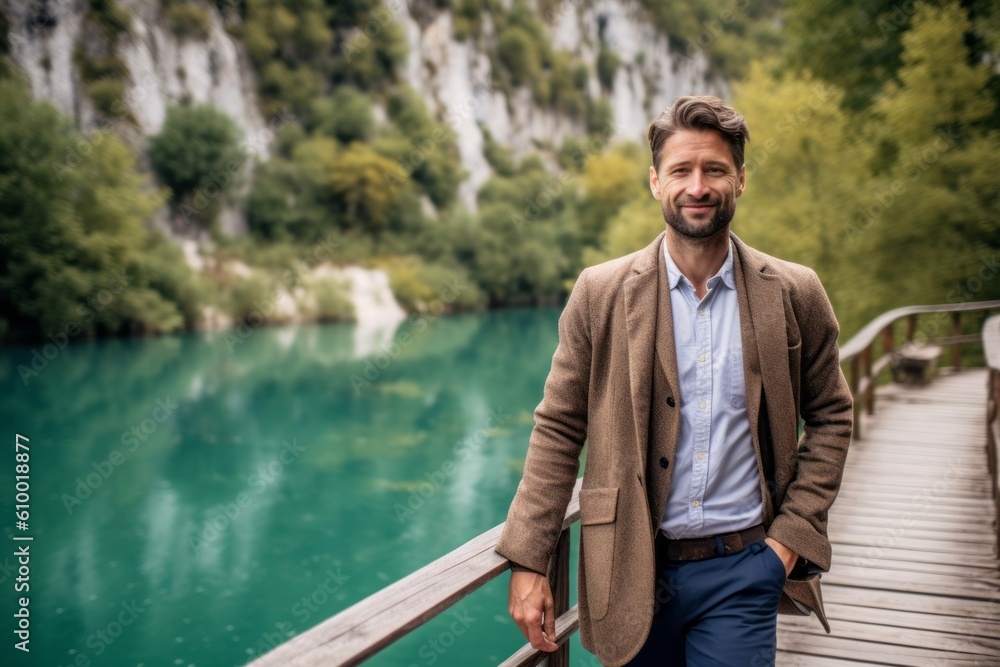 Handsome bearded man in a beige jacket on the background of the emerald water of the lake