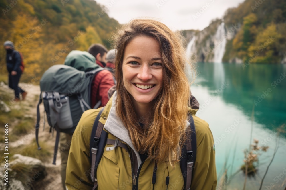 Beautiful young woman hiking in the Plitvice Lakes National Park, Croatia Beautiful young woman hiking in the Plitvice Lakes National Park, Croatia