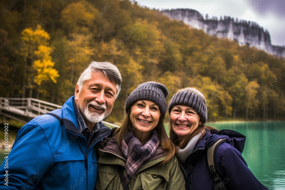 Happy senior couple and their adult daughter on a hike in the mountains Happy senior couple and their adult daughter on a hike in the mountains