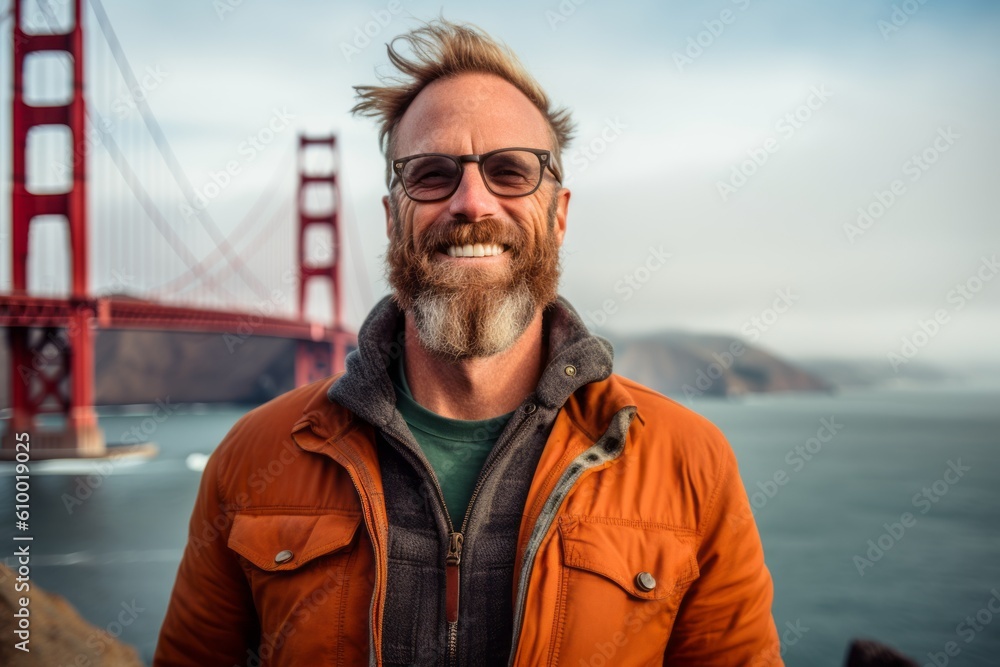 Portrait of a handsome middle-aged man with beard and sunglasses standing on the background of Golden Gate Bridge Portrait of a handsome middle-aged man with beard and sunglasses standing on the background of Golden Gate Bridge