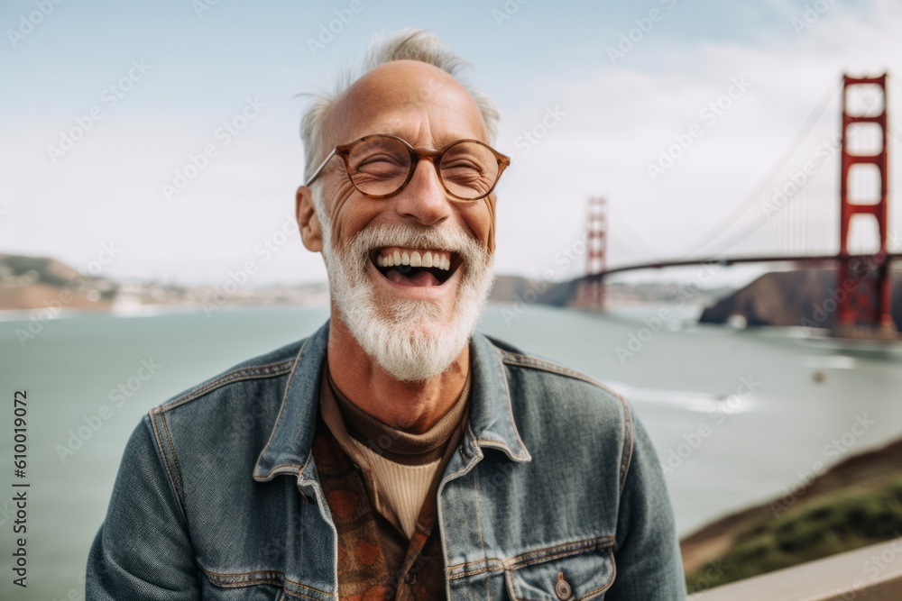Portrait of a smiling senior man wearing eyeglasses standing in front of the golden gate bridge Portrait of a smiling senior man wearing eyeglasses standing in front of the golden gate bridge