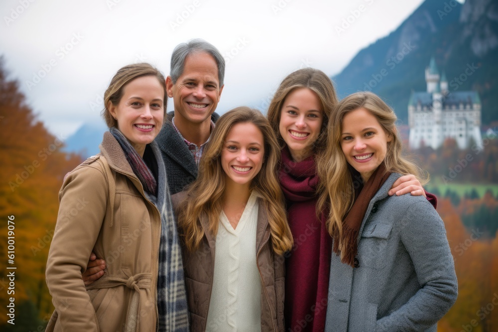 Portrait of happy family standing in front of the lake in autumn
