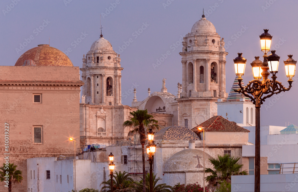 Cathedral of the Holy Cross in Cadiz at dawn.