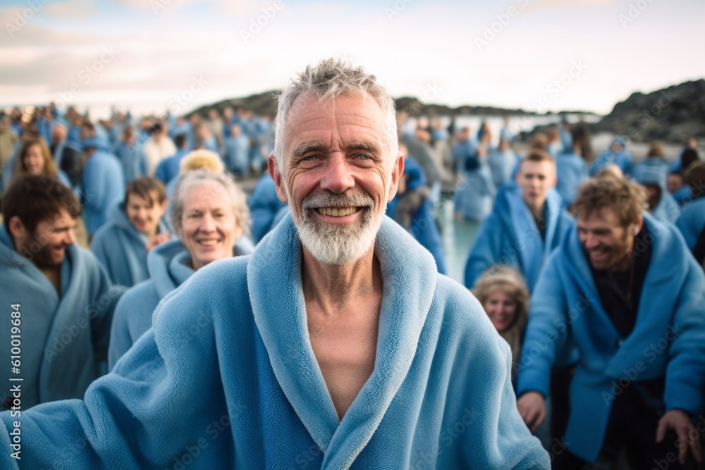 Portrait of happy senior man with gray hair and beard in blue bathrobe on the beach Portrait of happy senior man with gray hair and beard in blue bathrobe on the beach