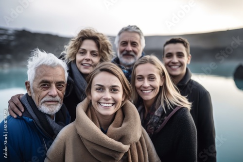 Portrait of happy senior friends standing by lake on cold winter day