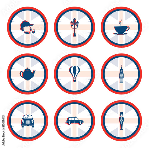 vector icon set of english culture with red and blue color borders