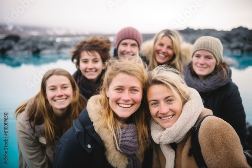 Portrait of smiling friends standing together at beach during cold winter day