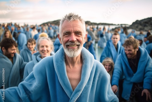 Portrait of happy senior man with gray hair and beard in blue bathrobe on the beach © Anne Schaum