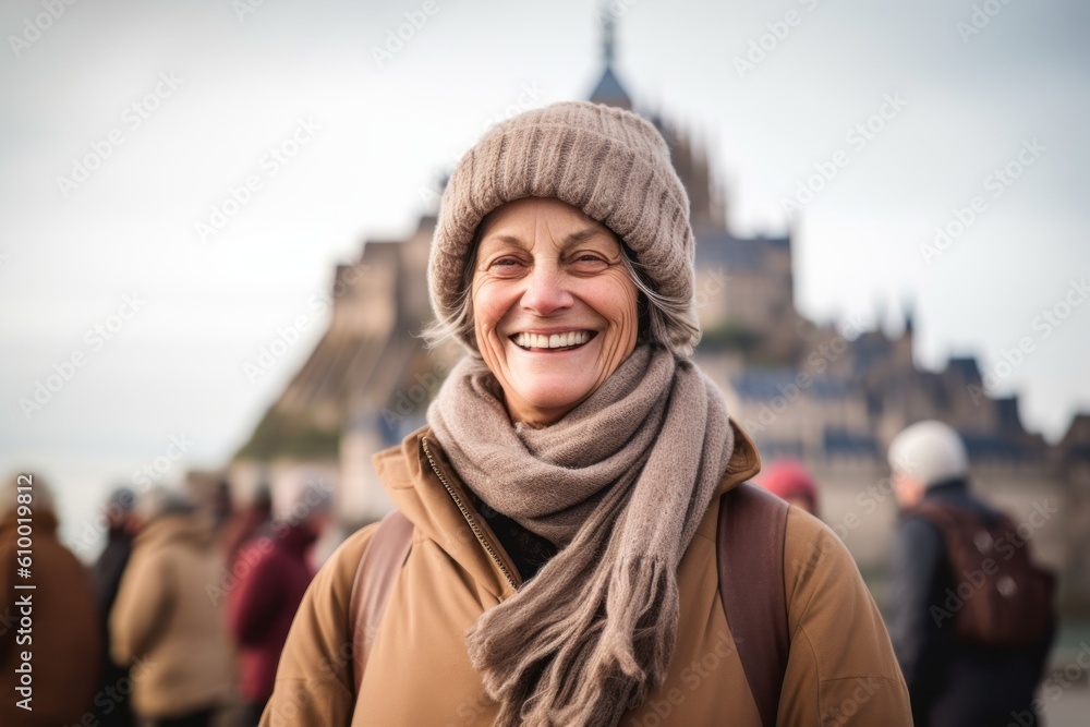 Portrait of happy senior woman in front of Notre Dame de Paris, France Portrait of happy senior woman in front of Notre Dame de Paris, France