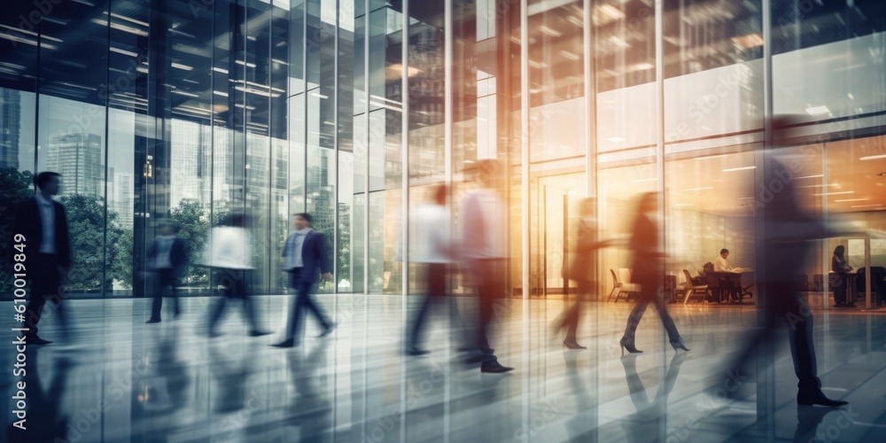Blurred business people walking in the office corridor. blurred business people at a trade fair, generative ai Blurred business people walking in the office corridor. blurred business people at a trade fair, generative ai