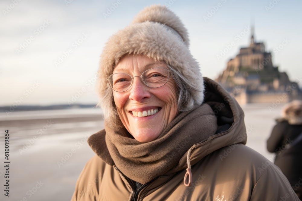 Portrait of a smiling senior woman on a frozen lake in winter Portrait of a smiling senior woman on a frozen lake in winter