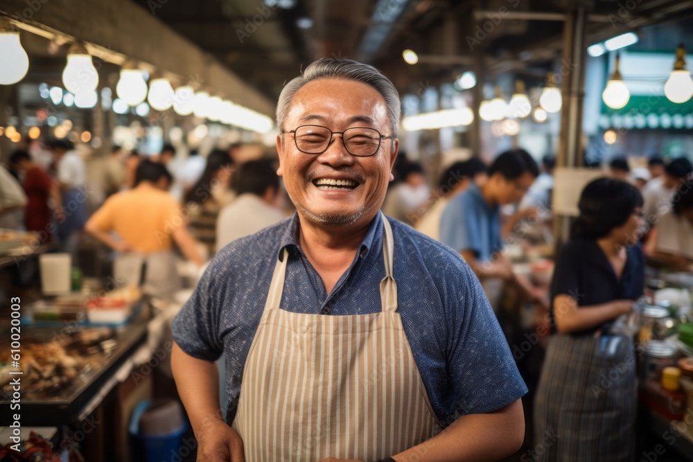 Portrait of happy asian senior man in apron and eyeglasses looking at camera while standing at seafood market Portrait of happy asian senior man in apron and eyeglasses looking at camera while standing at seafood market