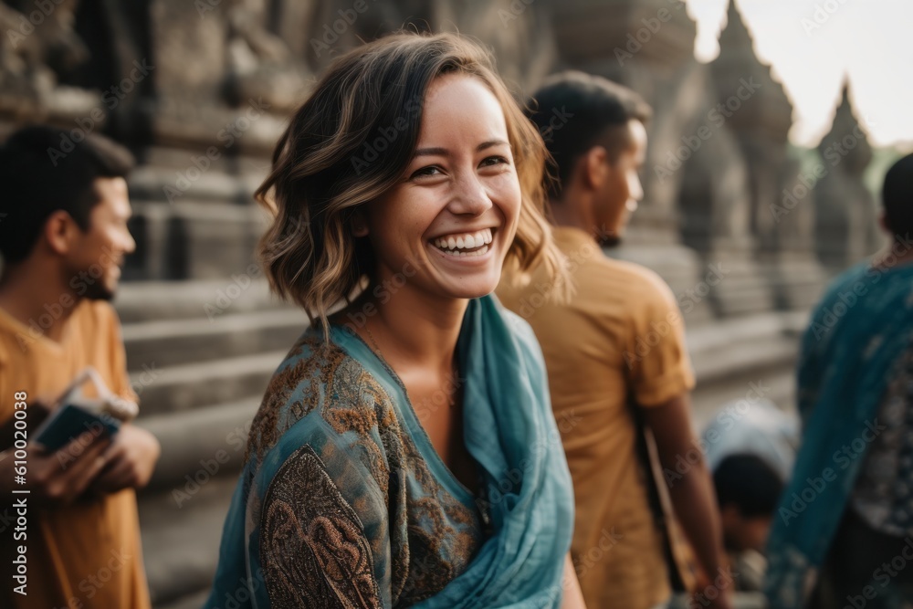 Beautiful young woman smiling while standing in front of the temple. Beautiful young woman smiling while standing in front of the temple.