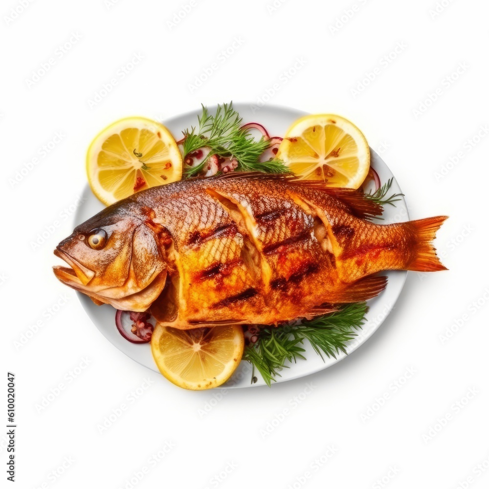 grilled spicy fish isolated on white background, top view generative AI grilled spicy fish isolated on white background, top view generative AI