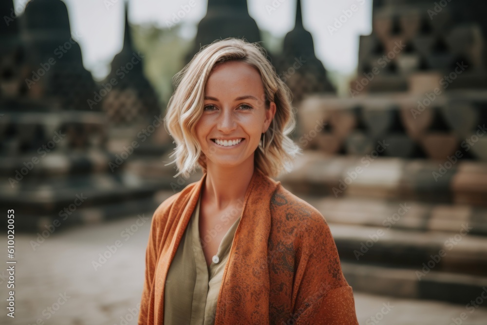 Lifestyle portrait photography of a pleased woman in her 30s that is wearing a chic cardigan at the Borobudur Temple in Magelang Indonesia . Generative AI
