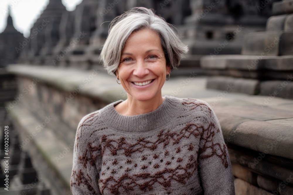 Portrait of a smiling woman in front of Borobudur temple in Java, Indonesia Portrait of a smiling woman in front of Borobudur temple in Java, Indonesia
