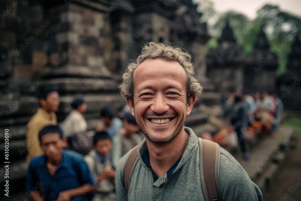 Portrait of a smiling man in front of a temple in Bali Portrait of a smiling man in front of a temple in Bali