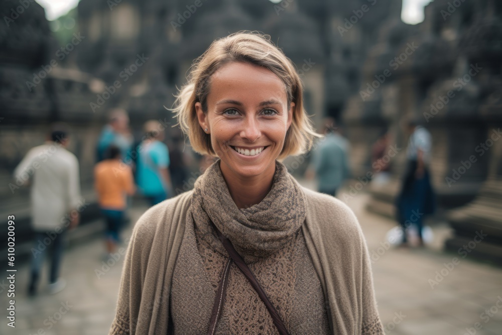 Portrait of a smiling tourist woman standing in front of a temple Portrait of a smiling tourist woman standing in front of a temple