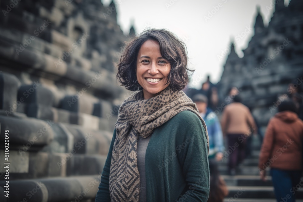 Fototapeta premium Young beautiful Asian tourist woman in the Prambanan temple, Java, Indonesia