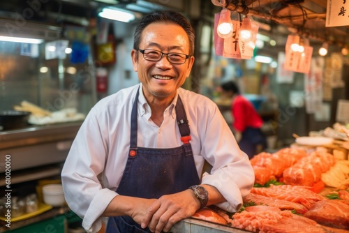 Mature Asian man selling fresh fish at street food market in Bangkok, Thailand