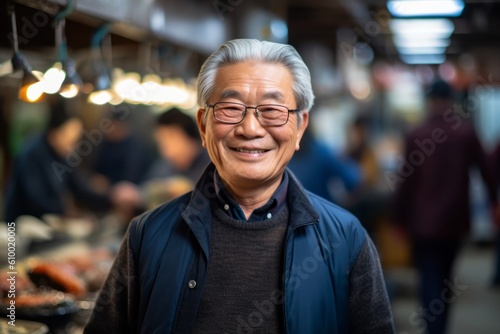 Portrait of asian senior man smiling at the street food market