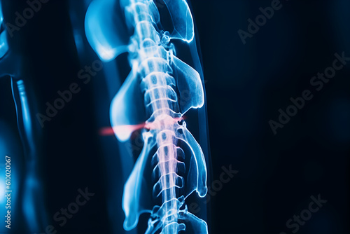 Blue toned x-rays on a black background in the hospital. The doctor diagnoses the pain in the patient\'s back bone using x-rays. MRI technology in the spine or spine..