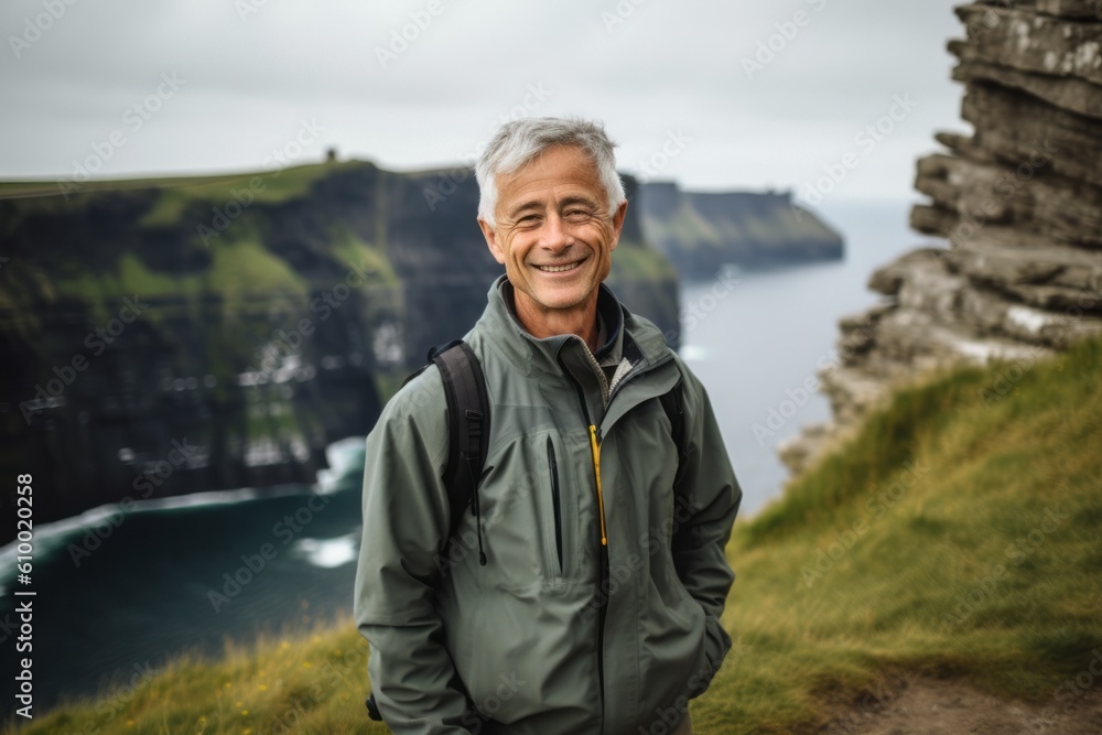 Naklejka premium Portrait of a smiling senior man standing in front of the Cliffs of Moher in Ireland
