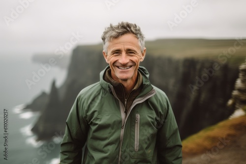 Portrait of a smiling senior man standing in front of cliffs on a foggy day