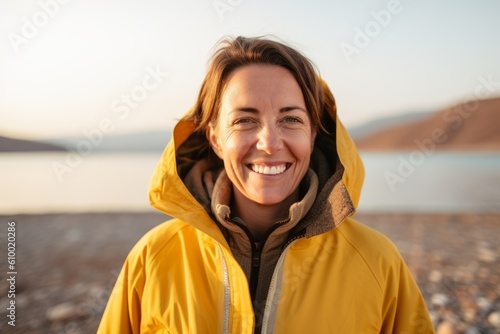 Portrait of a smiling woman in a yellow jacket on the beach © Anne Schaum