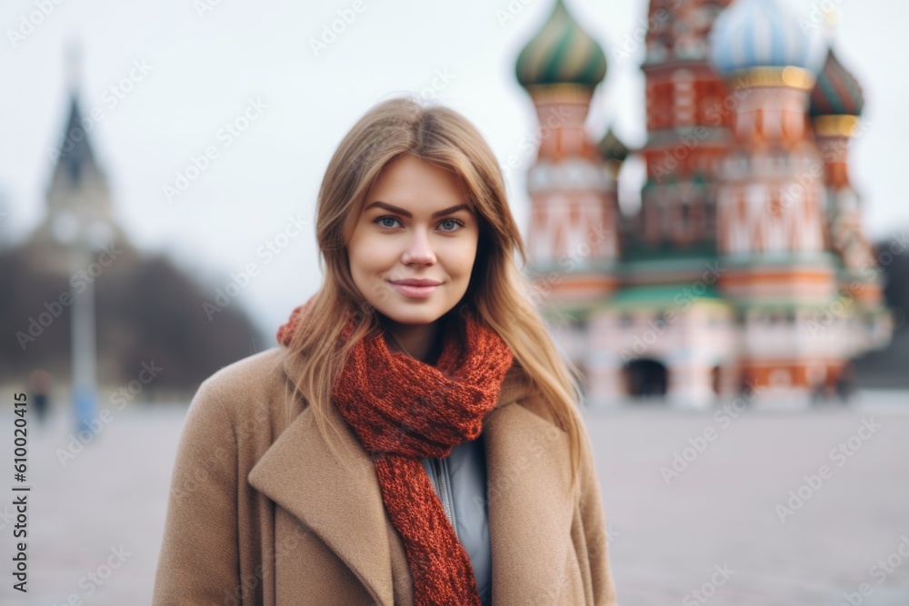 Portrait of a beautiful girl in a coat on the background of St. Basil's Cathedral