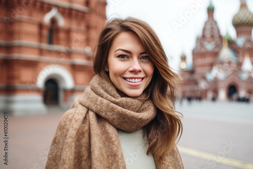 Portrait of a beautiful young woman in a fur coat and scarf on the Red Square in Moscow