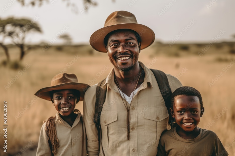 African american father and son in safari outfit smiling at camera