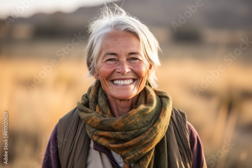 Portrait of smiling senior woman standing in field during autumnal day